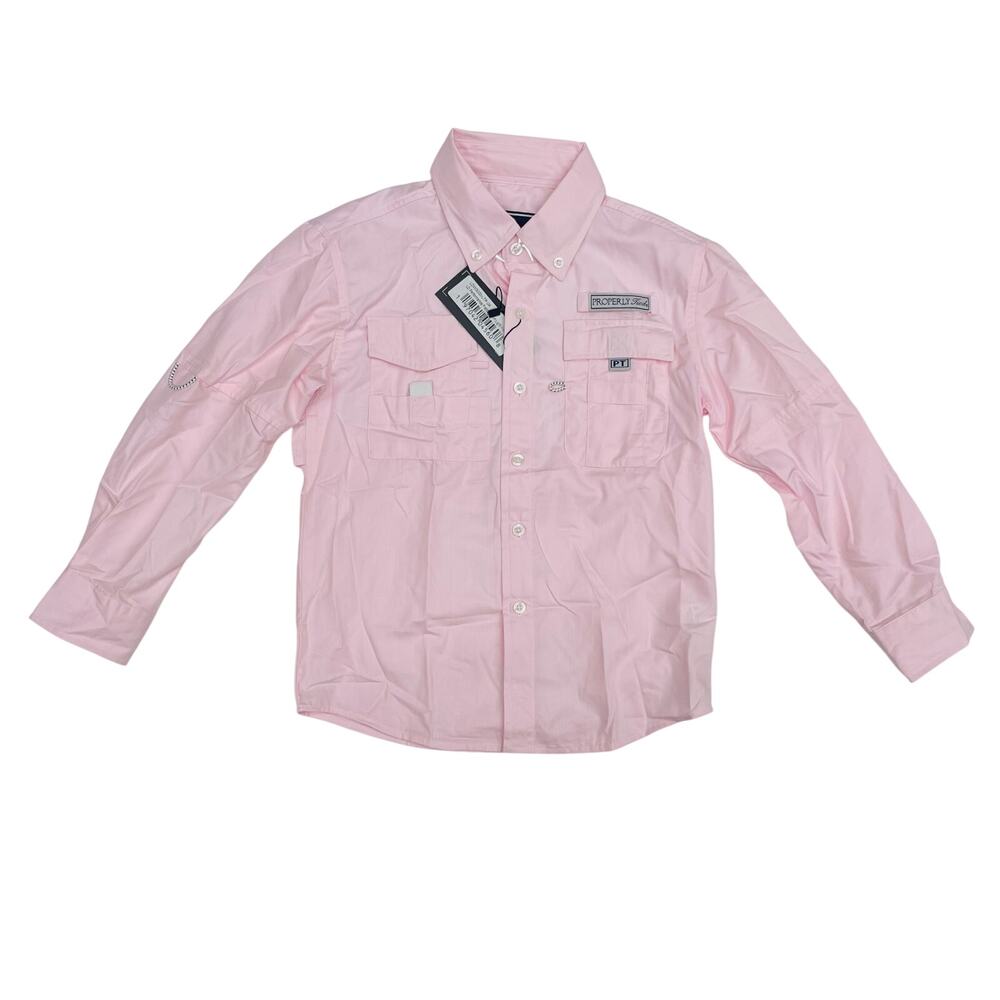 NWT Properly Tied YL (14-16) Boys Performance Fishing Shirt in Light Pink